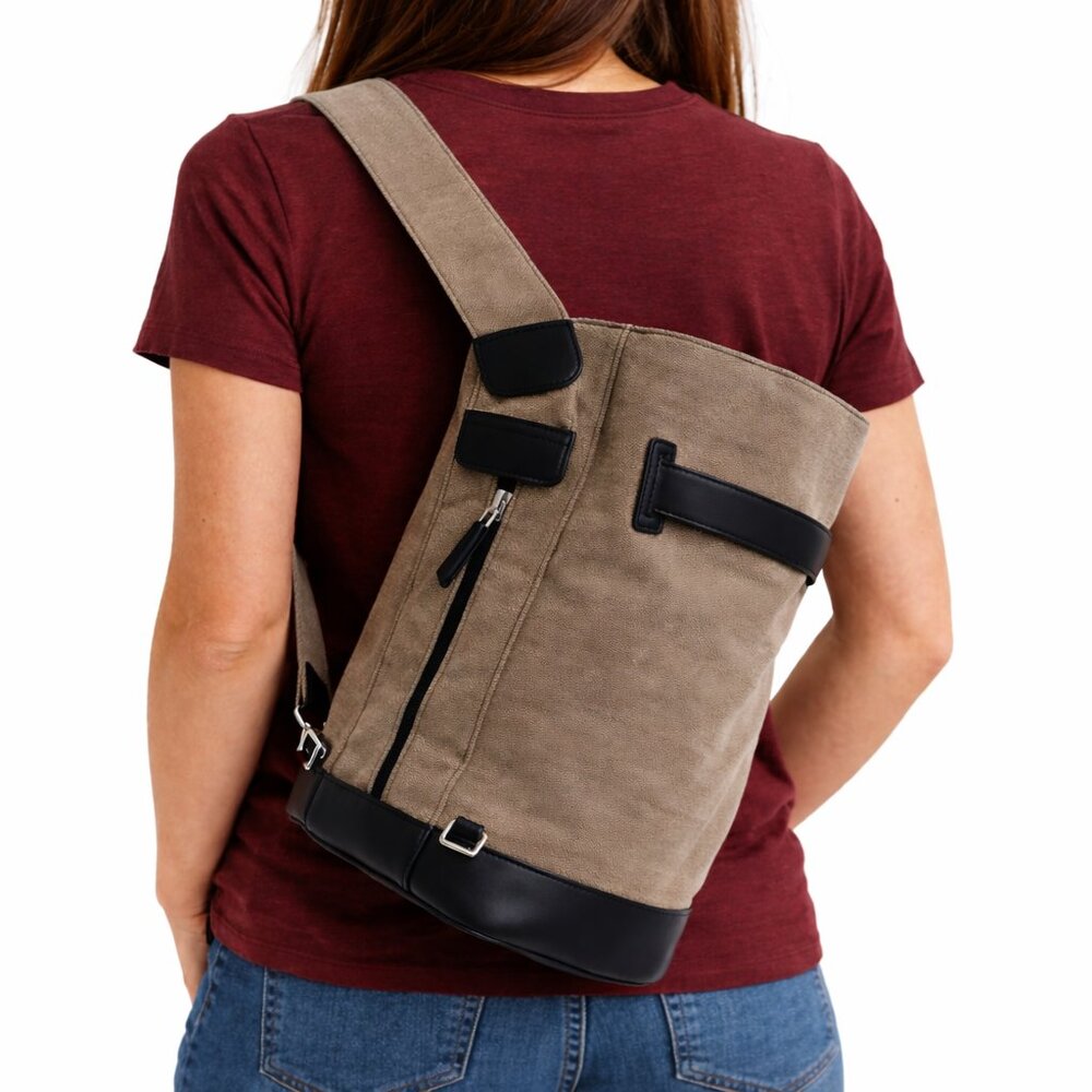 Minimalist Canvas & Leather Bucket Backpack Bag
